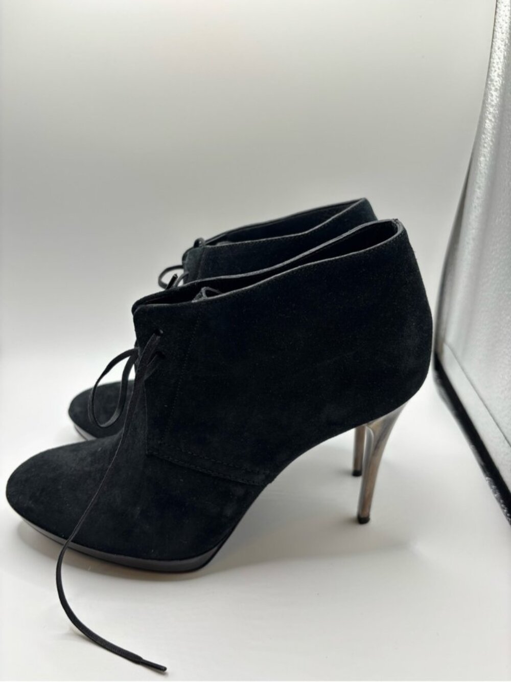 Burberry Black Suede Lace-Up Ankle Booties Metallic Heels Size 37.5